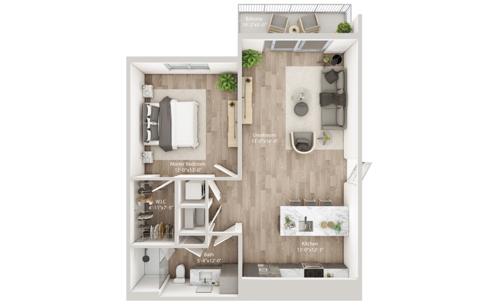 Unit A1 - 1 bedroom floorplan layout with 1 bathroom and 777 square feet