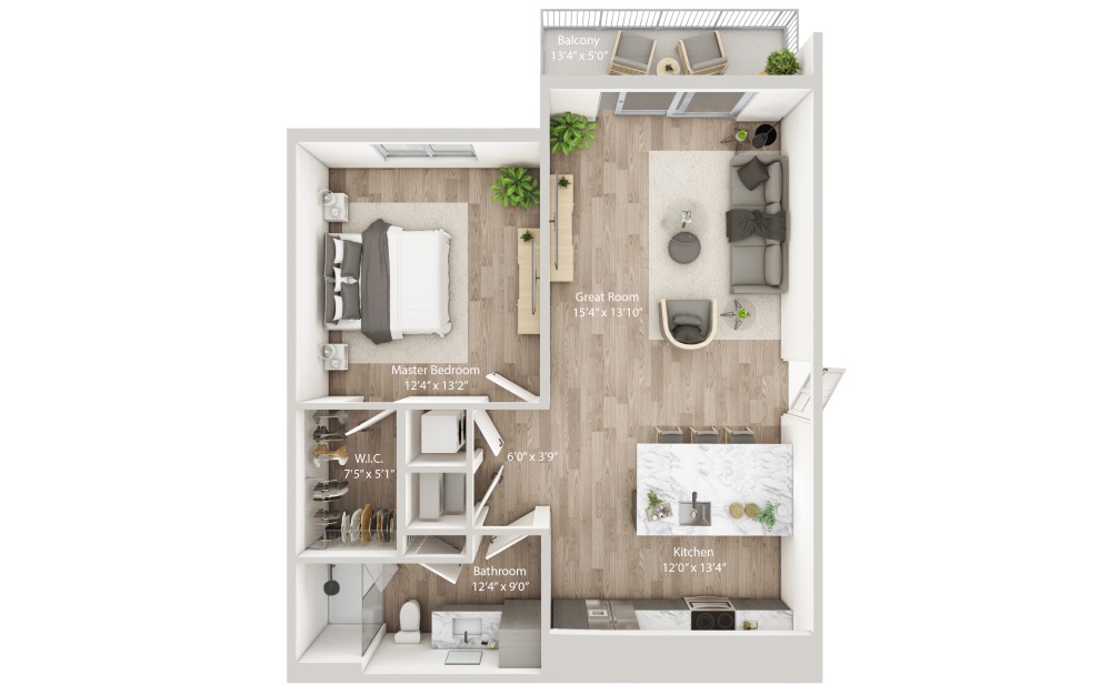 Unit A1 - 1 bedroom floorplan layout with 1 bathroom and 777 square feet
