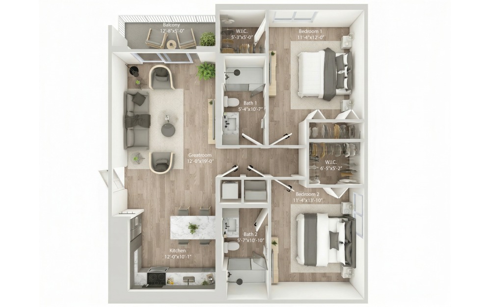 Unit B1 - 2 bedroom floorplan layout with 2 bathrooms and 1029 square feet