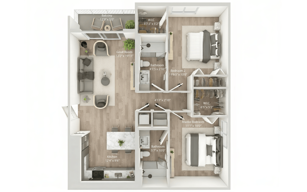Unit B1 - 2 bedroom floorplan layout with 2 bathrooms and 1029 square feet