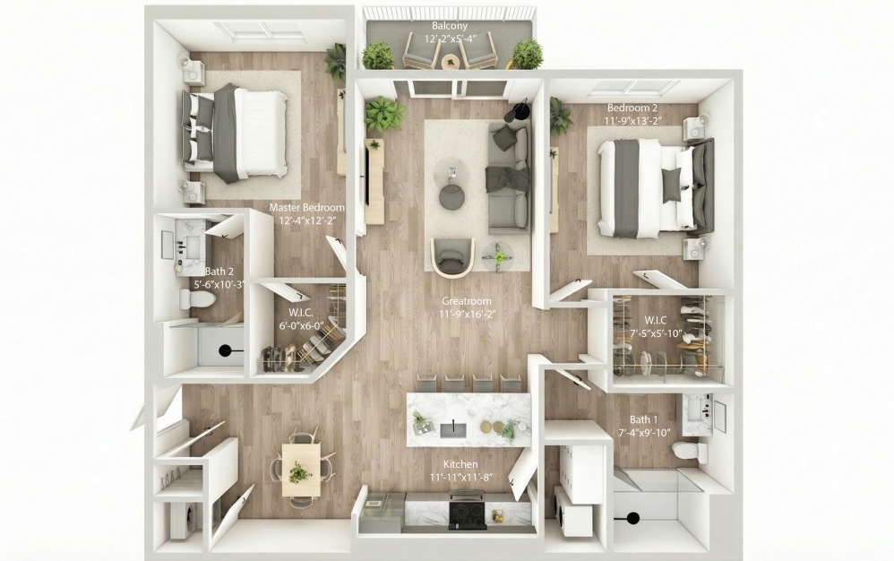 Unit B2 - 2 bedroom floorplan layout with 2 bathrooms and 1193 square feet