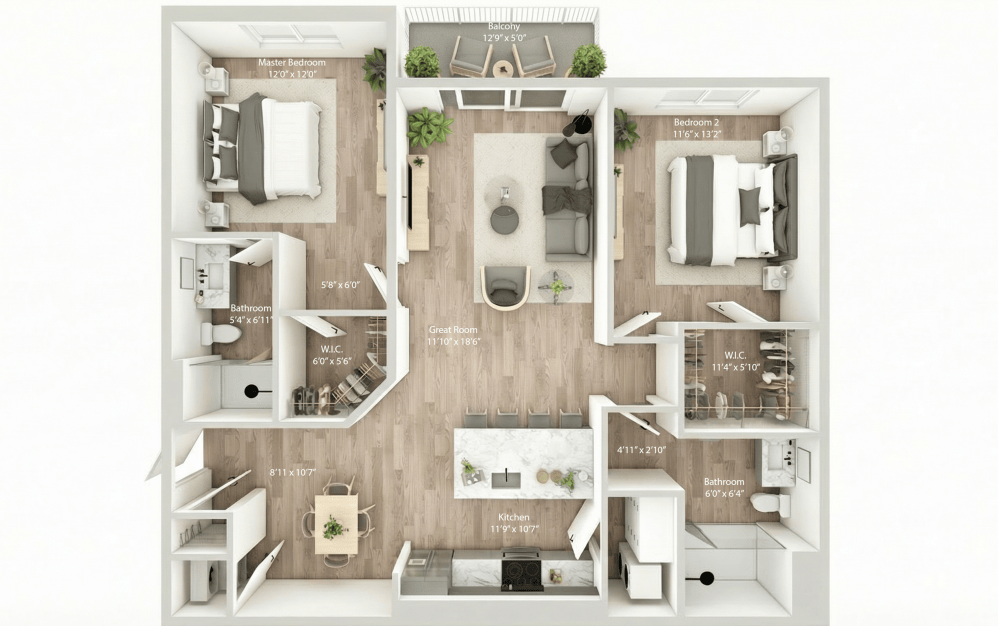 Unit B2 - 2 bedroom floorplan layout with 2 bathrooms and 1193 - 1217 square feet