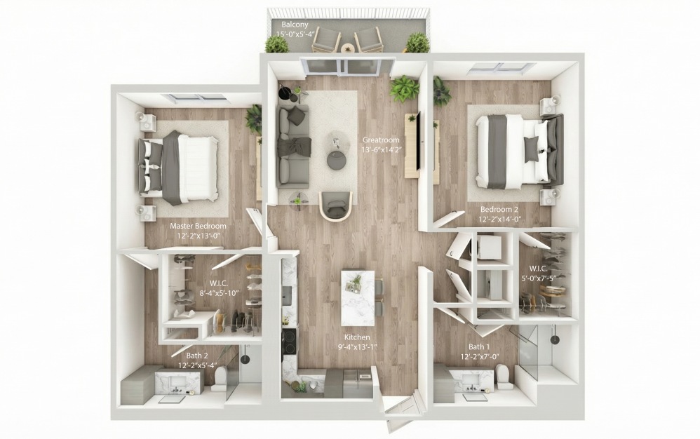 Unit B3 - 2 bedroom floorplan layout with 2 bathrooms and 1172 square feet