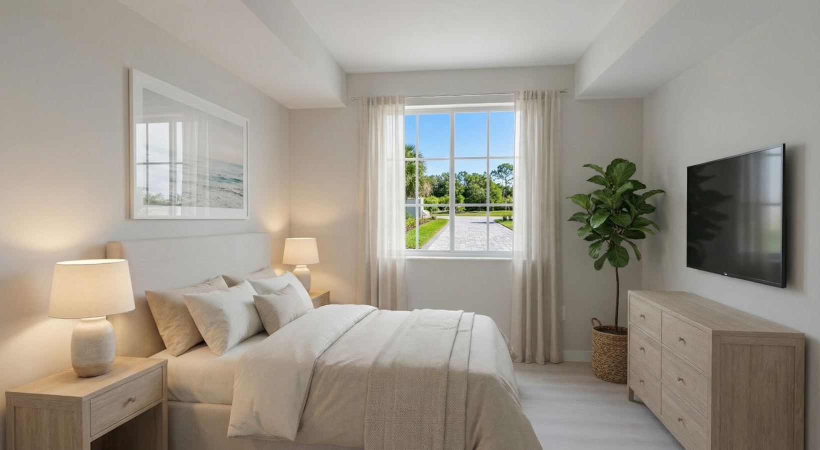 Spacious apartment bedroom with modern finishes, natural light, and a comfortable, relaxing atmosphere