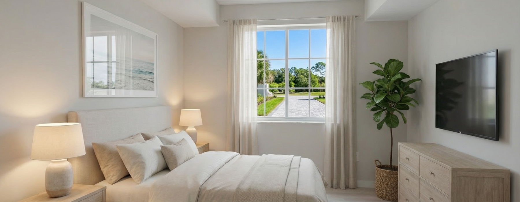 Spacious apartment bedroom with modern finishes, natural light, and a comfortable, relaxing atmosphere