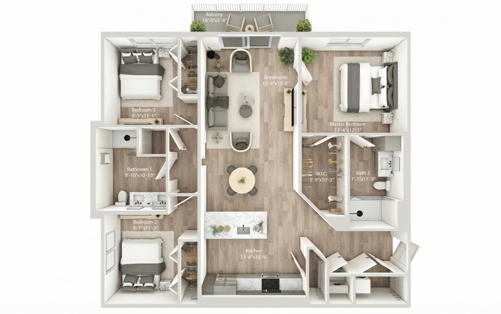 Unit C1 - 3 bedroom floorplan layout with 2 bathrooms and 1368 square feet