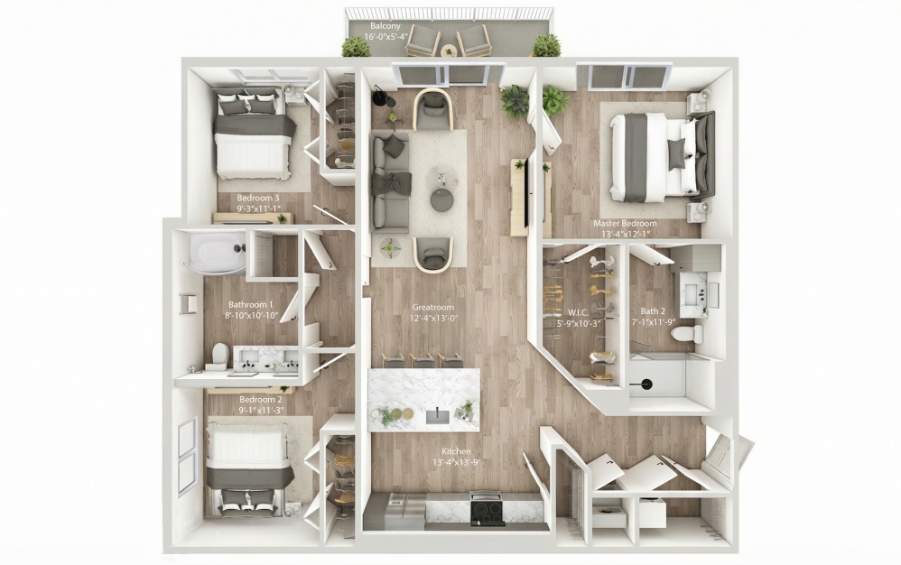 Unit C1 - 3 bedroom floorplan layout with 2 bathrooms and 1368 square feet