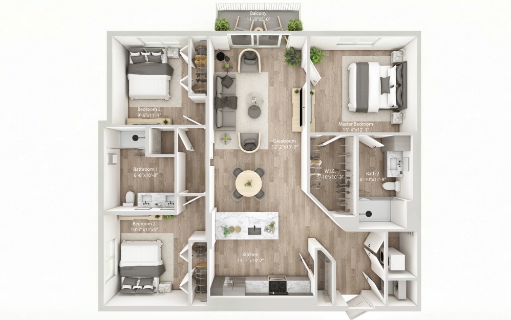Unit C2 - 3 bedroom floorplan layout with 2 bathrooms and 1388 square feet
