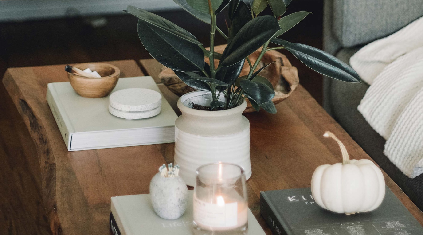 a coffee table with plants and candles